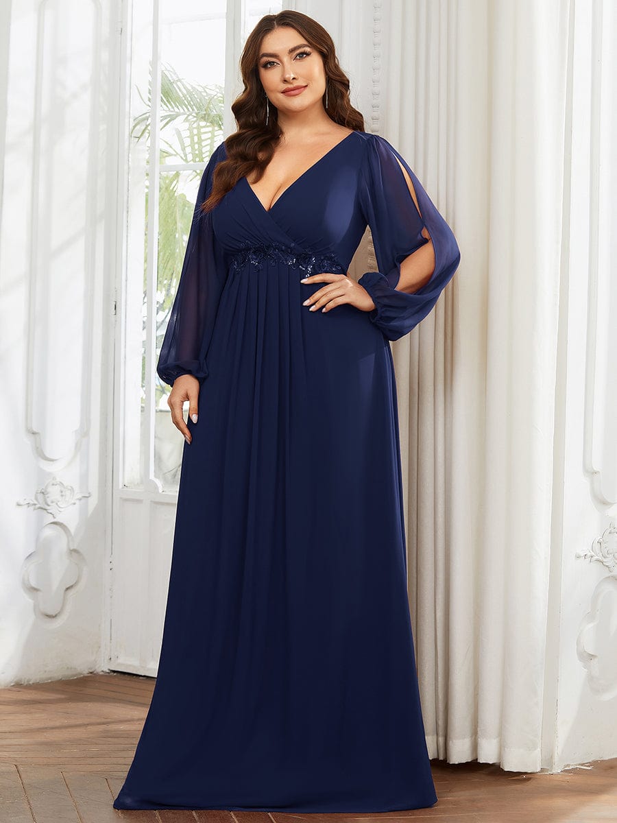 Plus Size Chiffon Empire Waist Maxi Dresses with Long Lantern Sleeves #color_Navy Blue