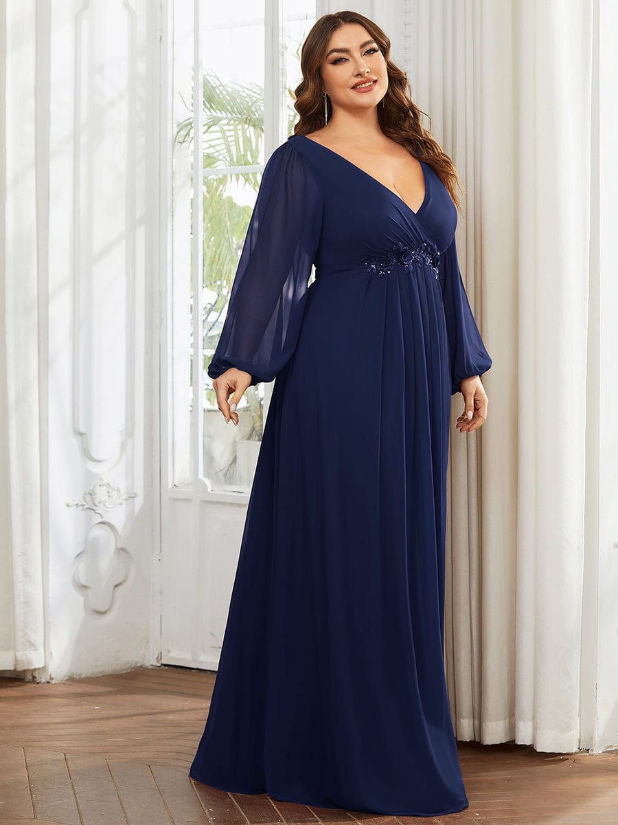 Plus Size Chiffon Empire Waist Maxi Dresses with Long Lantern Sleeves #color_Navy Blue