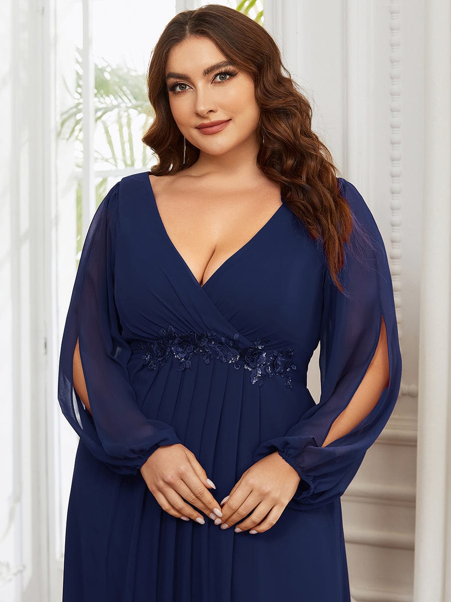 Plus Size Chiffon Empire Waist Maxi Dresses with Long Lantern Sleeves #color_Navy Blue