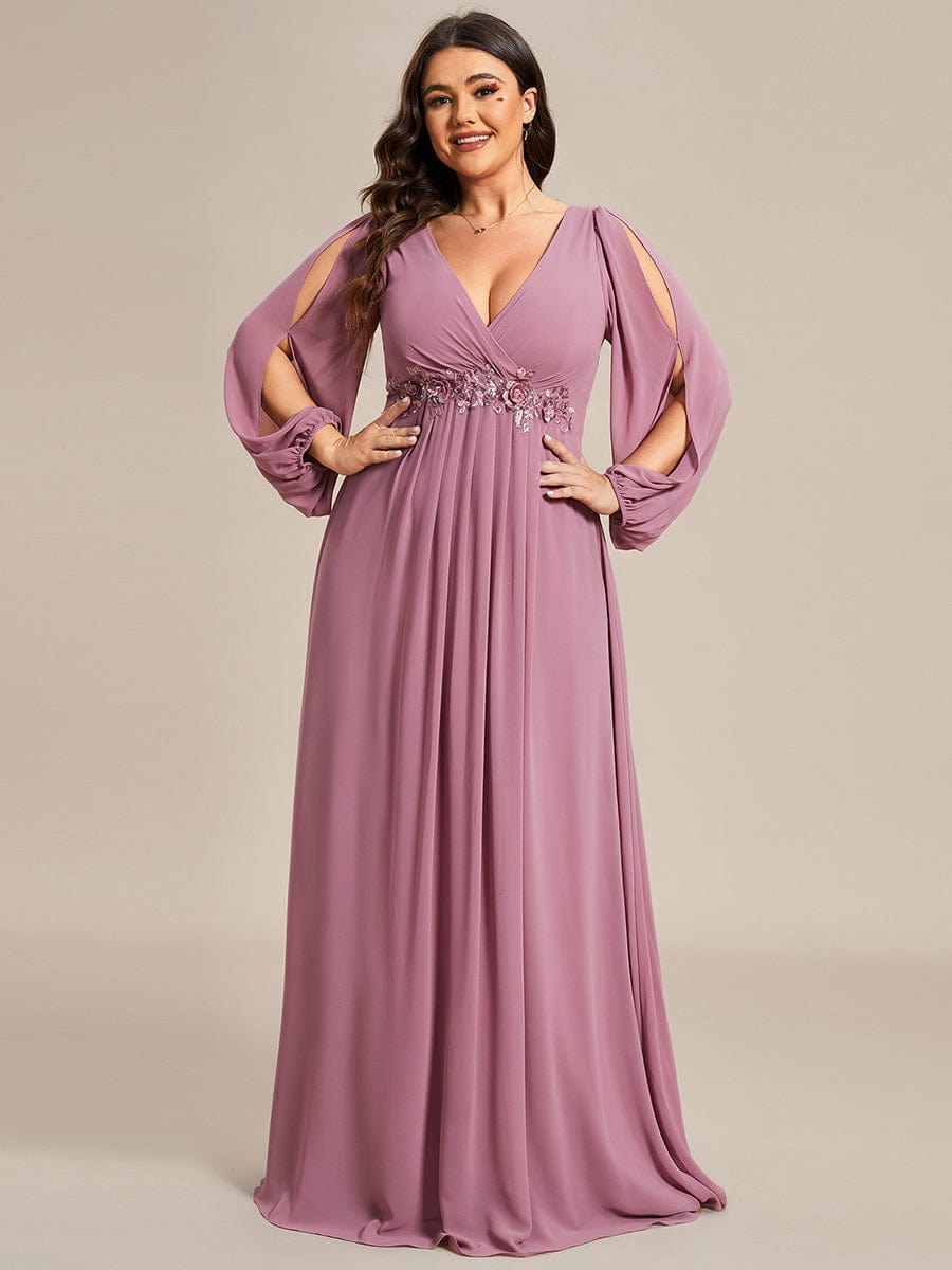 Plus Size Chiffon Empire Waist Maxi Dresses with Long Lantern Sleeves #color_Purple Orchid