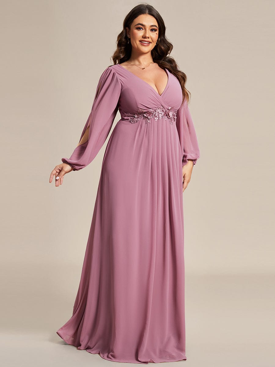 Plus Size Chiffon Empire Waist Maxi Dresses with Long Lantern Sleeves #color_Purple Orchid