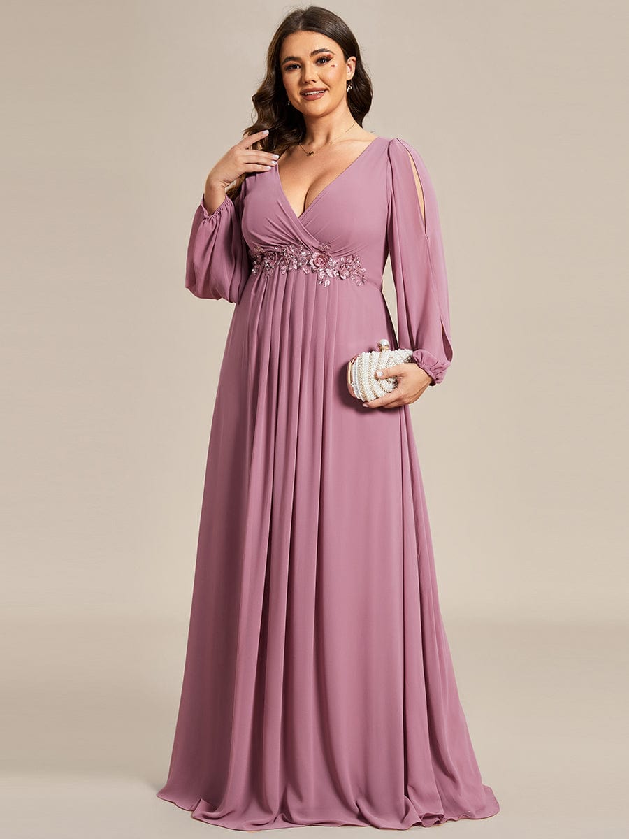 Plus Size Chiffon Empire Waist Maxi Dresses with Long Lantern Sleeves #color_Purple Orchid