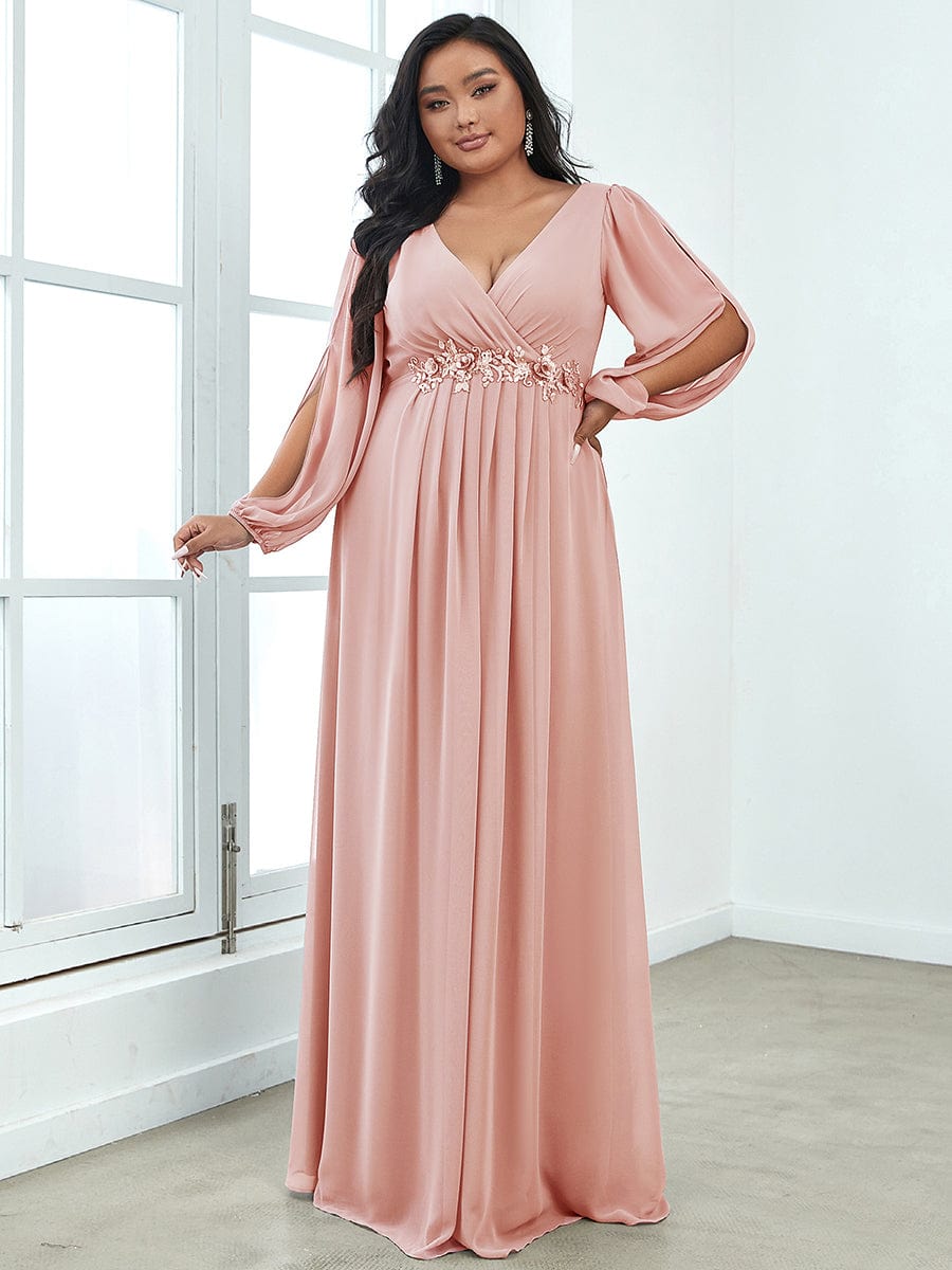 Plus Size Chiffon Empire Waist Maxi Dresses with Long Lantern Sleeves #color_Pink