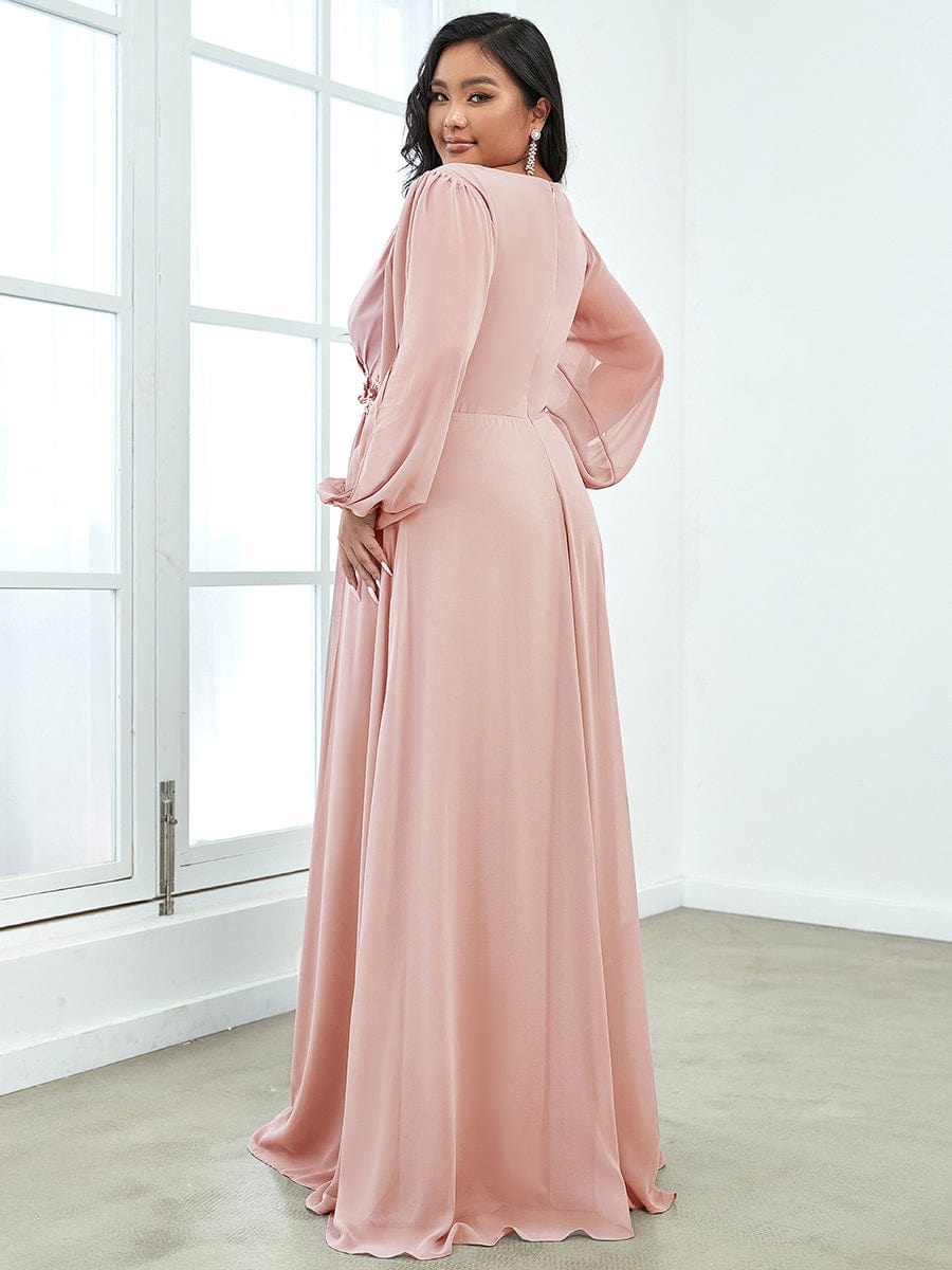 Plus Size Chiffon Empire Waist Maxi Dresses with Long Lantern Sleeves #color_Pink