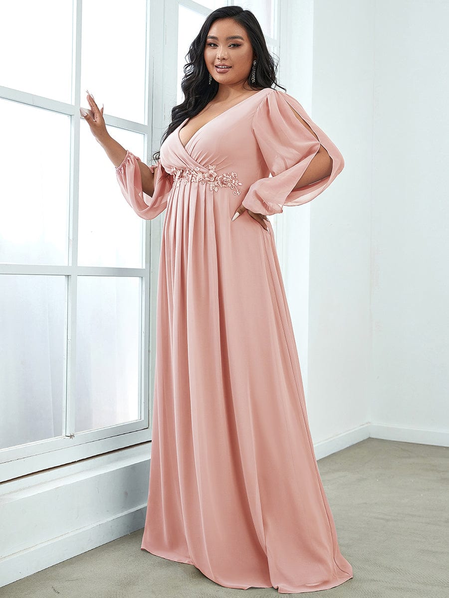 Plus Size Chiffon Empire Waist Maxi Dresses with Long Lantern Sleeves #color_Pink