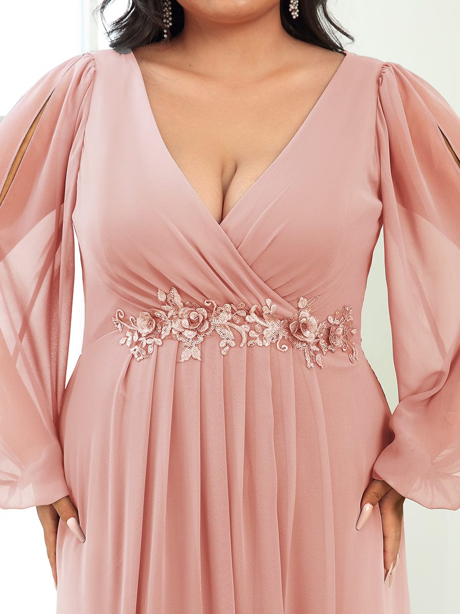 Plus Size Chiffon Empire Waist Maxi Dresses with Long Lantern Sleeves #color_Pink