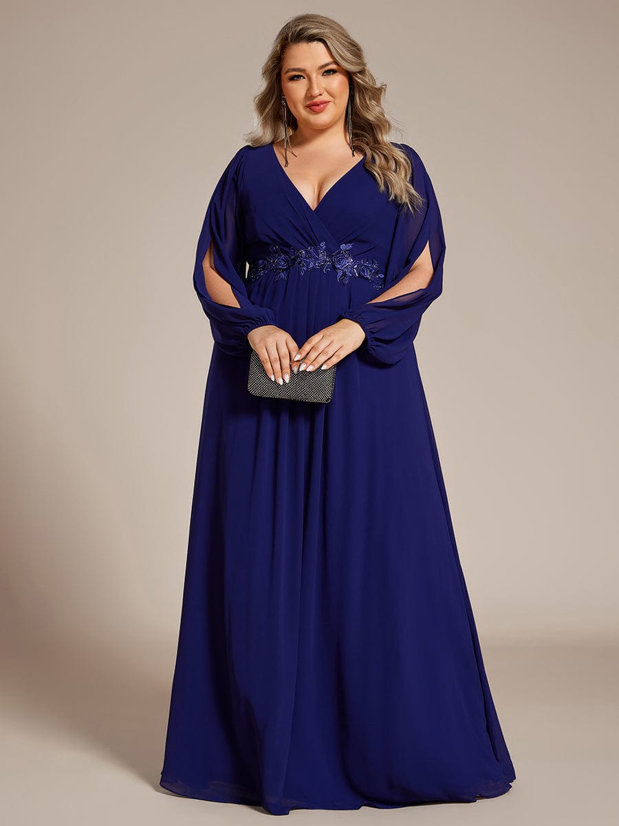 Plus Size Chiffon Empire Waist Maxi Dresses with Long Lantern Sleeves #color_Royal Blue