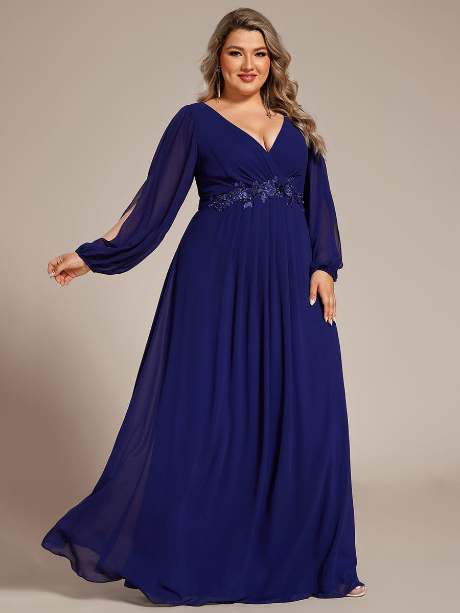 Plus Size Chiffon Empire Waist Maxi Dresses with Long Lantern Sleeves #color_Royal Blue