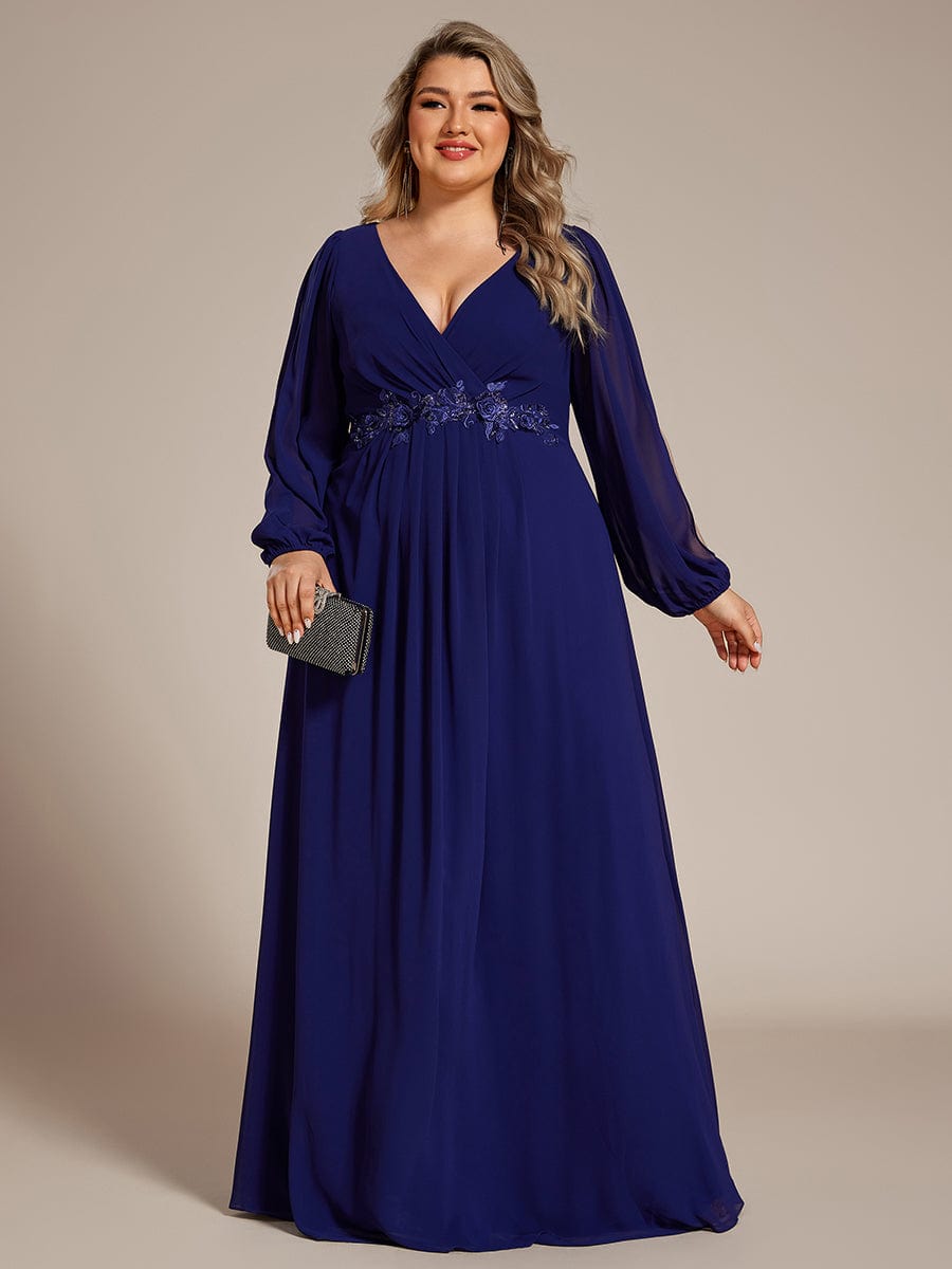 Plus Size Chiffon Empire Waist Maxi Dresses with Long Lantern Sleeves #color_Royal Blue