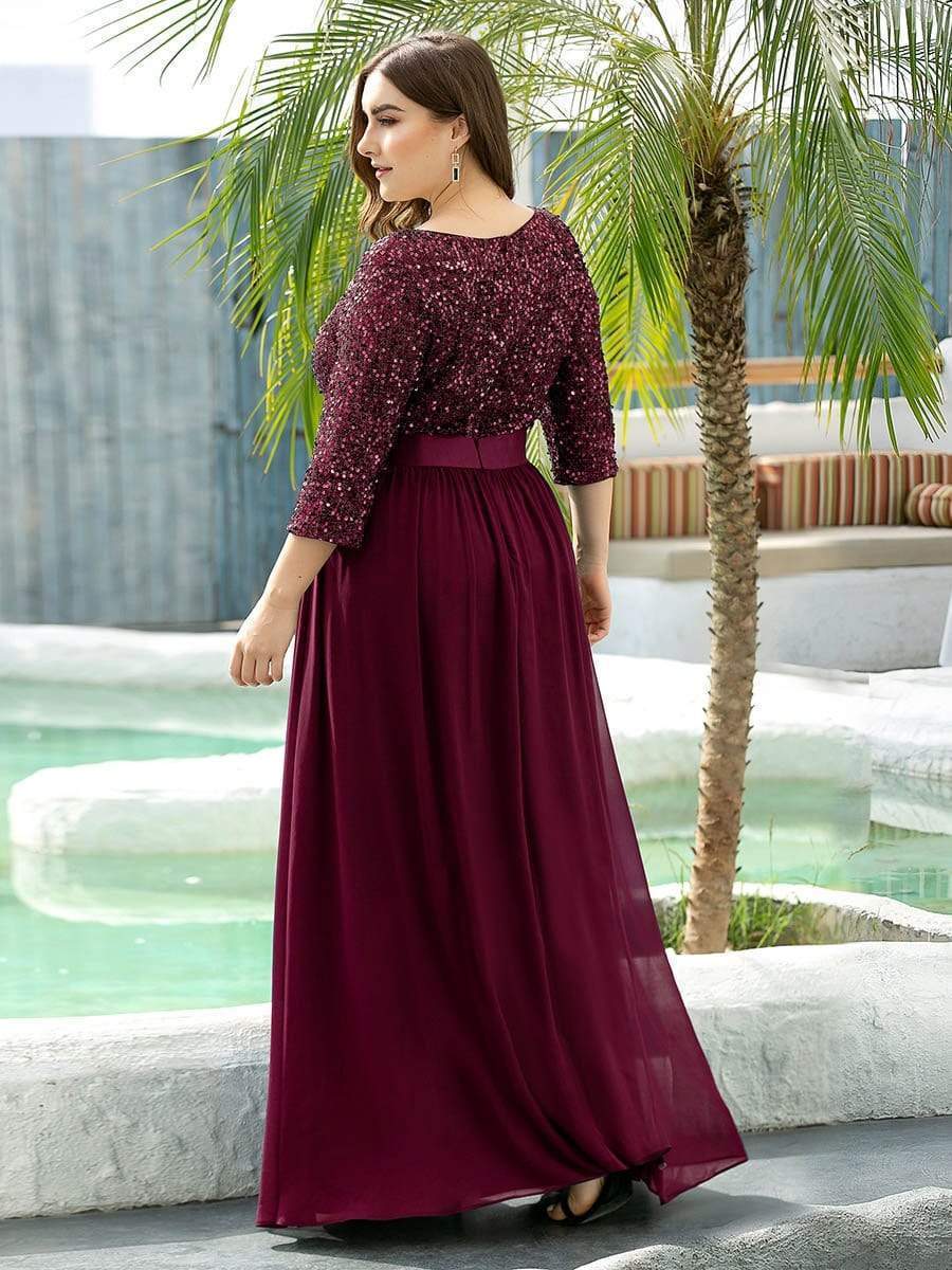 Plus Size Chiffon Sequin Maxi Dress #color_Burgundy