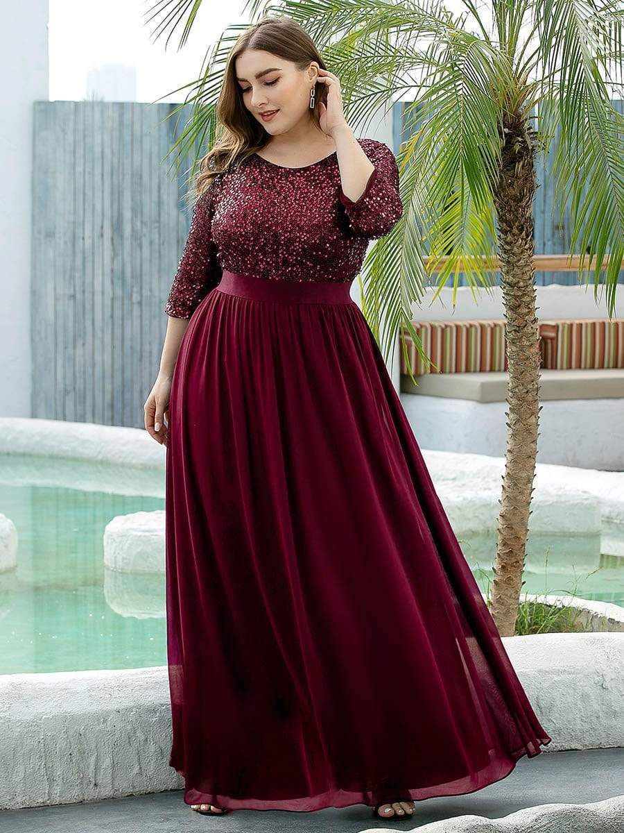 Plus Size Chiffon Sequin Maxi Dress #color_Burgundy