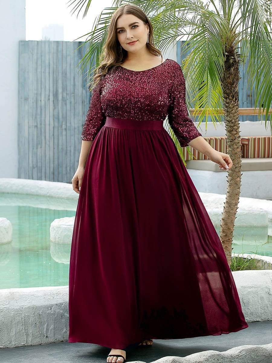 Plus Size Chiffon Sequin Maxi Dress #color_Burgundy