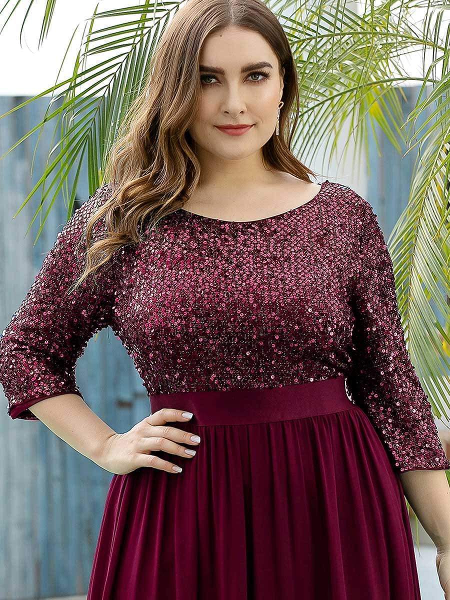 Plus Size Chiffon Sequin Maxi Dress #color_Burgundy