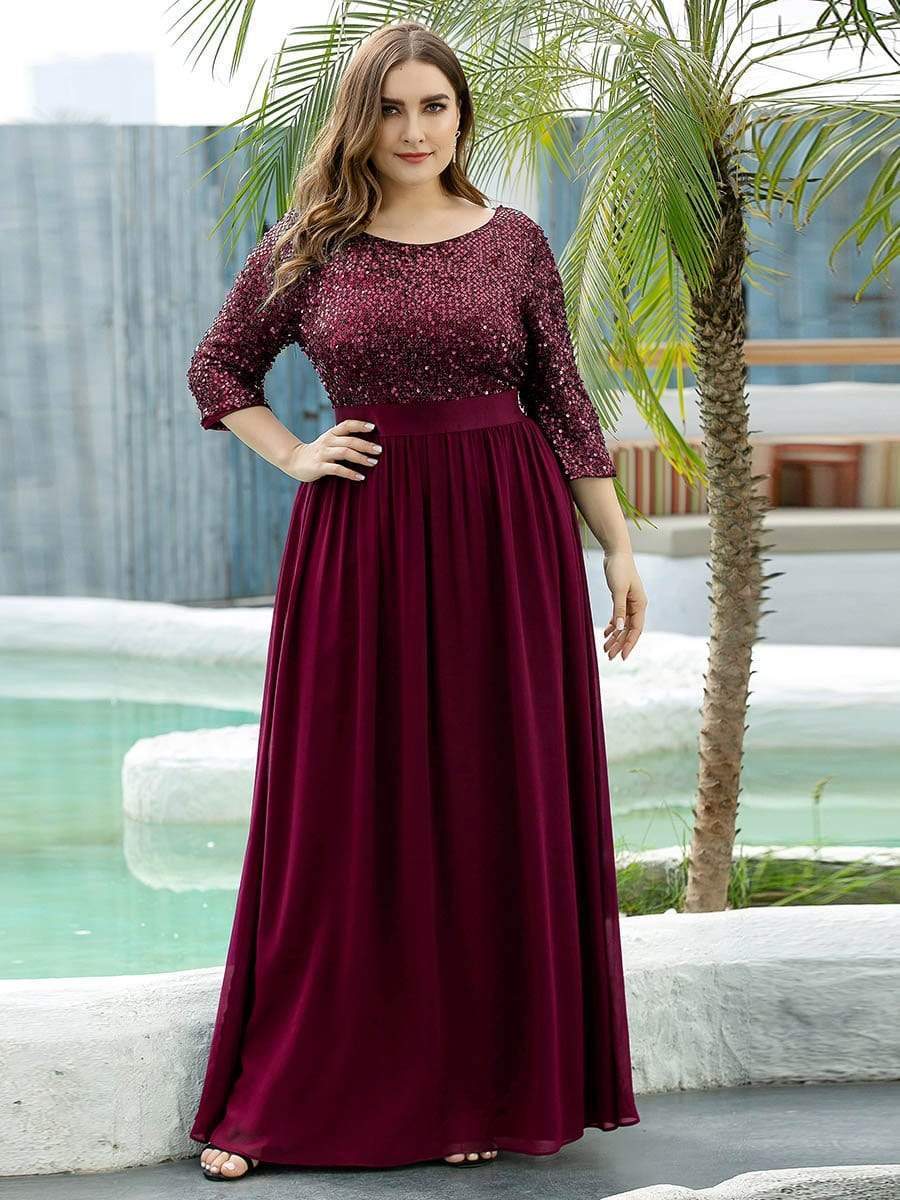 Plus Size Chiffon Sequin Maxi Dress #color_Burgundy