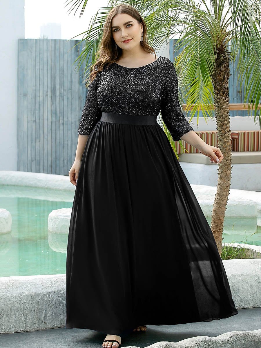 Plus Size Chiffon Sequin Maxi Dress #color_Black