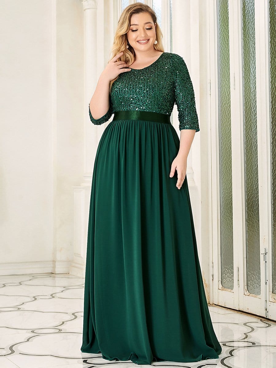 Plus Size Chiffon Sequin Maxi Dress #color_Dark Green