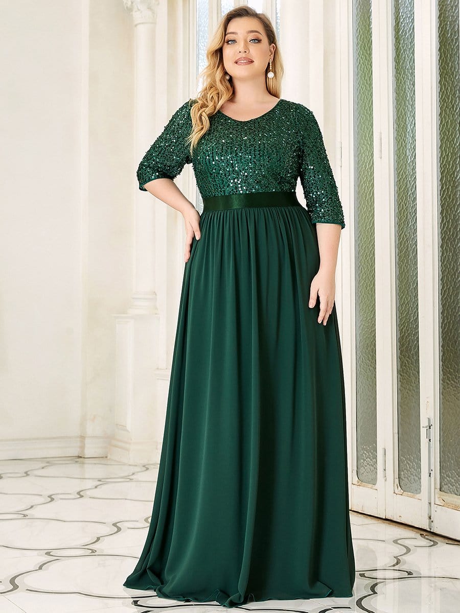 Plus Size Chiffon Sequin Maxi Dress #color_Dark Green