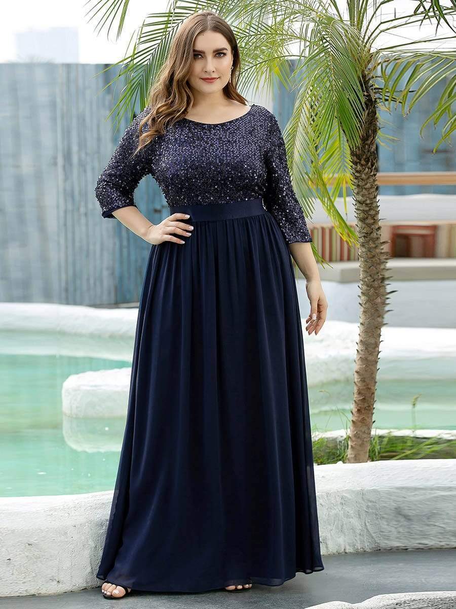 Plus Size Chiffon Sequin Maxi Dress #color_Navy Blue