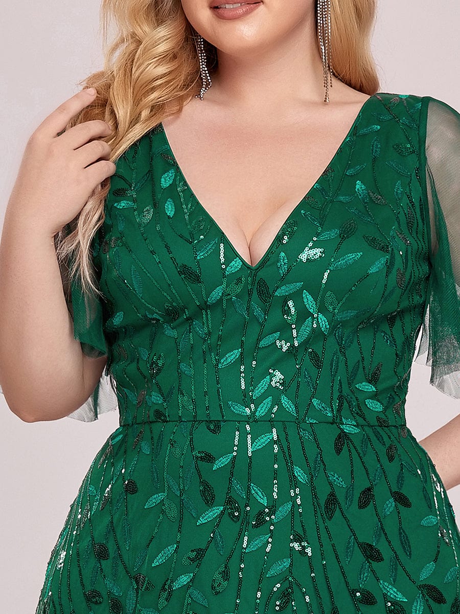 Plus Size Leaf Sequin Tulle A-Line Maxi Dress with Short Sleeves #color_Dark Green