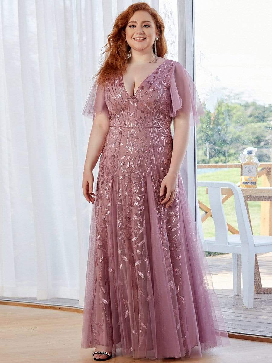 Plus Size Leaf Sequin Tulle A-Line Maxi Dress with Short Sleeves #color_Purple Orchid