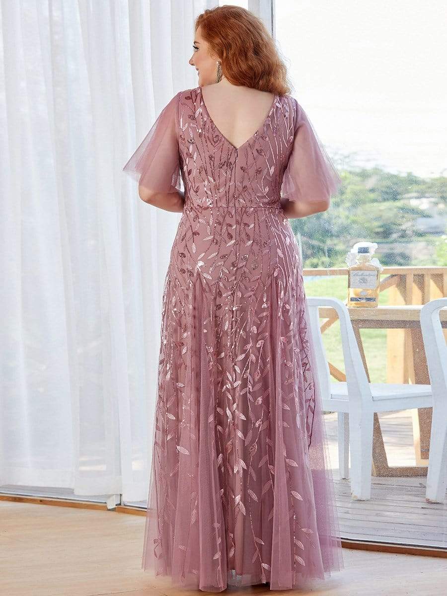 Plus Size Leaf Sequin Tulle A-Line Maxi Dress with Short Sleeves #color_Purple Orchid