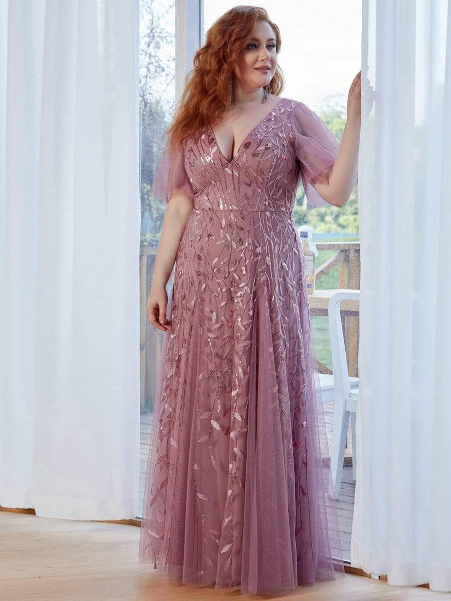 Plus Size Leaf Sequin Tulle A-Line Maxi Dress with Short Sleeves #color_Purple Orchid