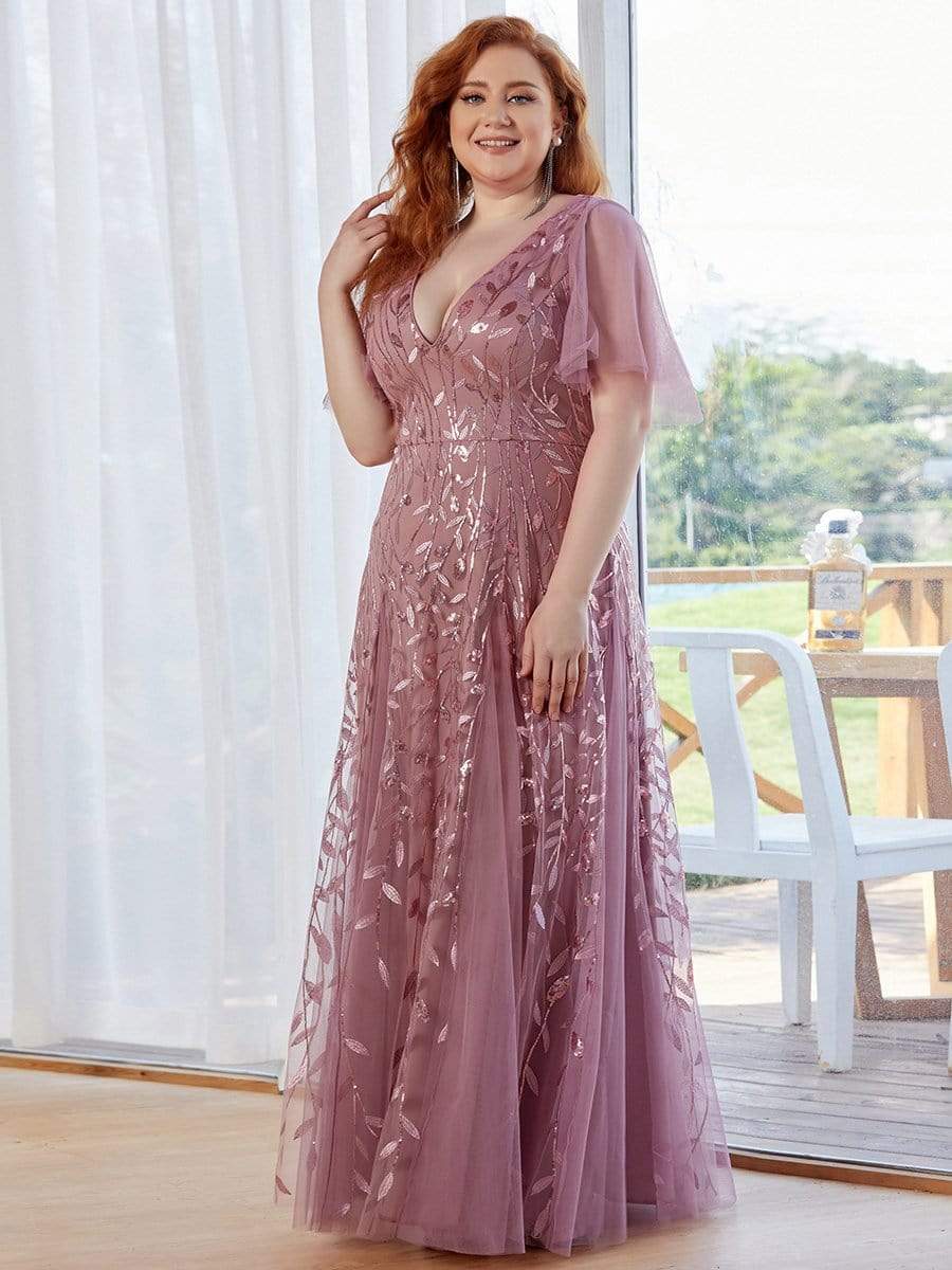 Plus Size Leaf Sequin Tulle A-Line Maxi Dress with Short Sleeves #color_Purple Orchid