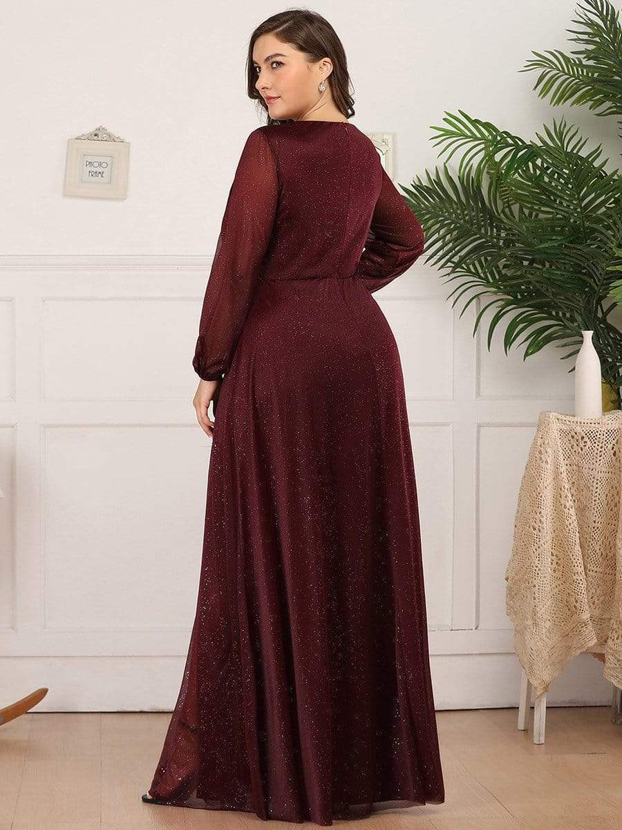 Plus Size V-Neck Shiny Long Sleeve Maxi Dress #color_Burgundy