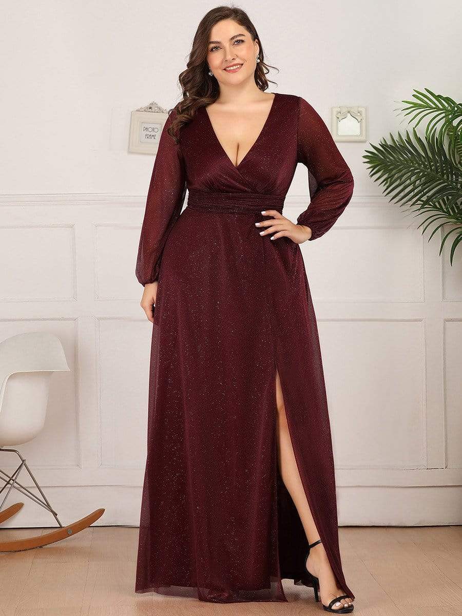 Plus Size V-Neck Shiny Long Sleeve Maxi Dress #color_Burgundy