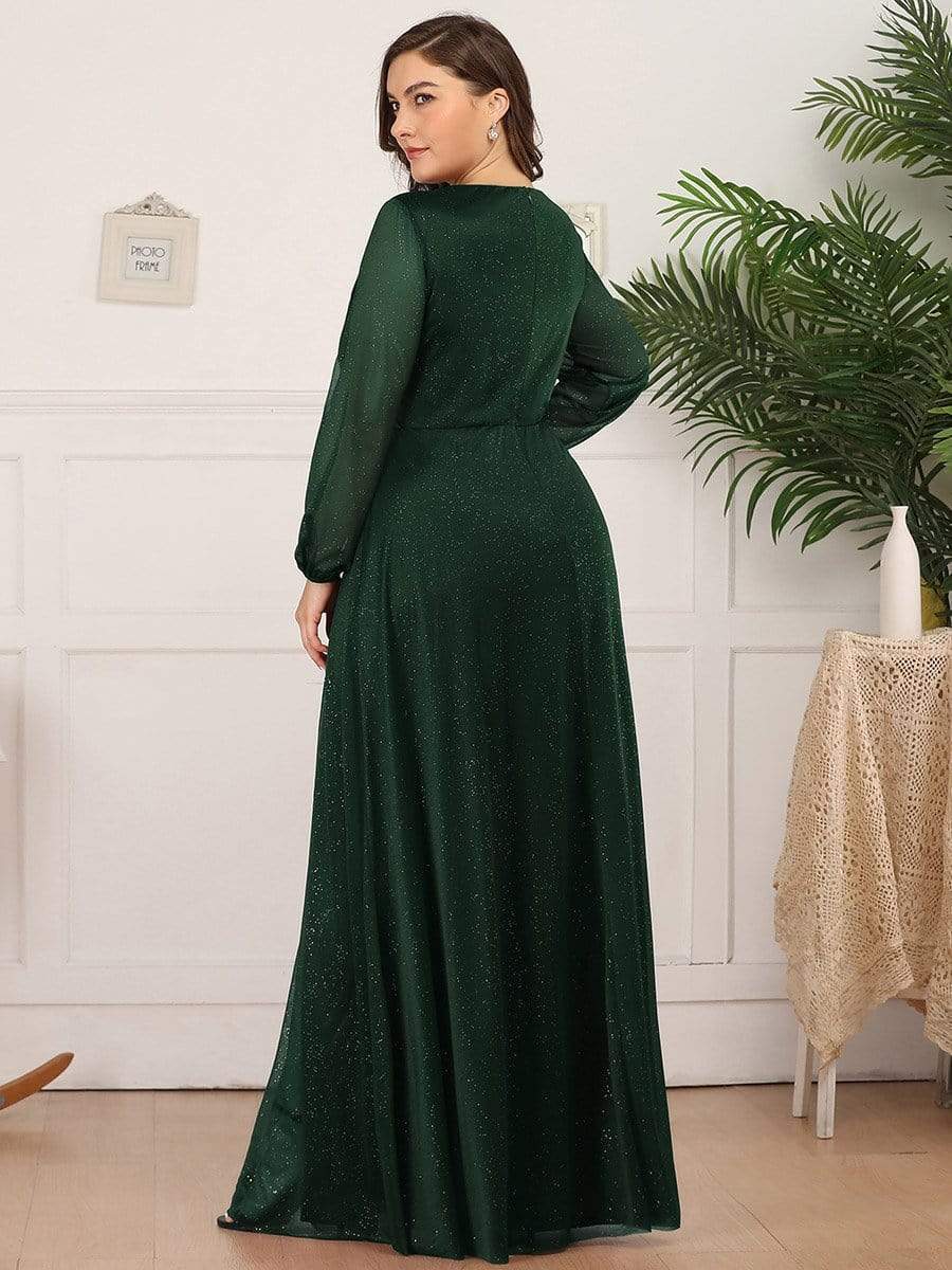 Plus Size V-Neck Shiny Long Sleeve Maxi Dress #color_Dark Green