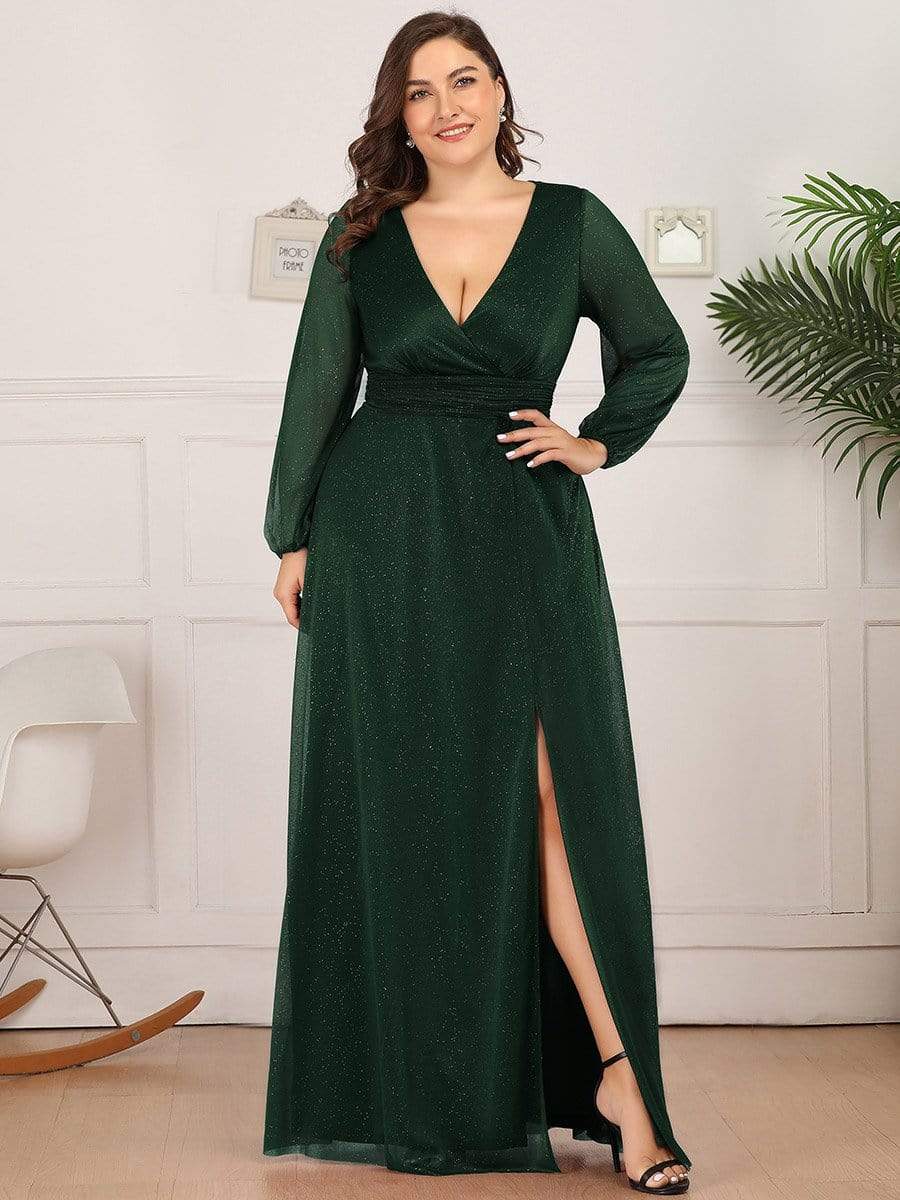 Plus Size V-Neck Shiny Long Sleeve Maxi Dress #color_Dark Green