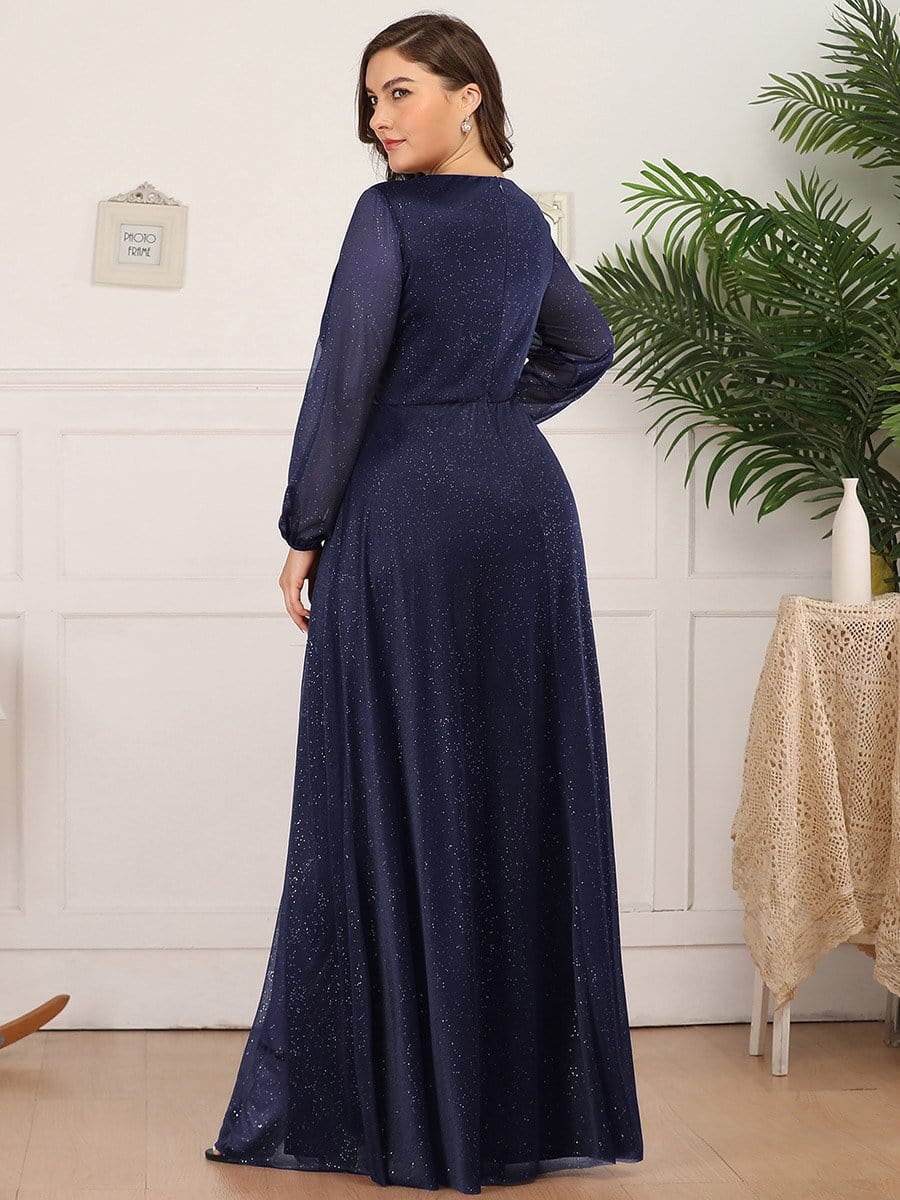 Plus Size V-Neck Shiny Long Sleeve Maxi Dress #color_Navy Blue