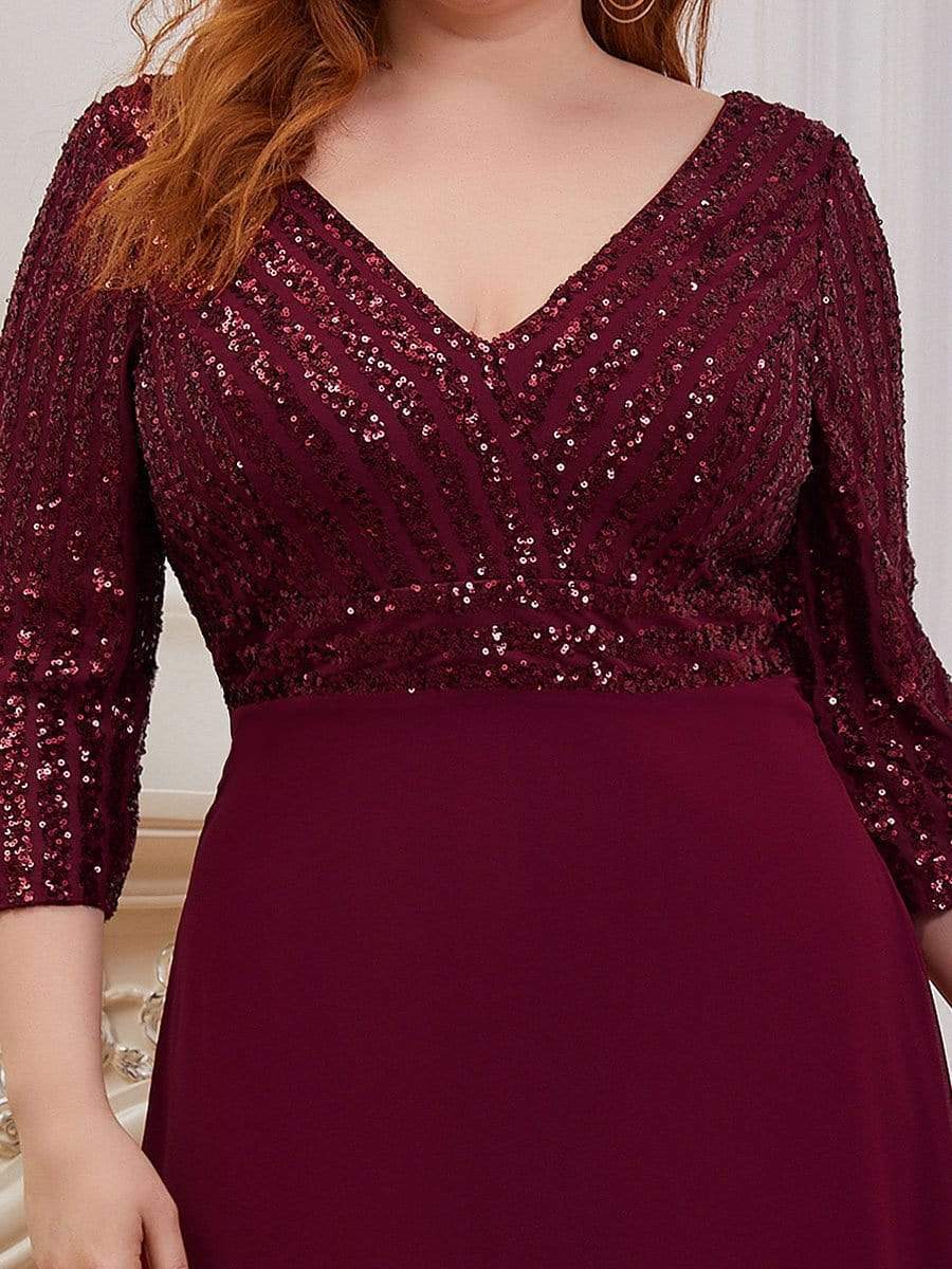 Plus Size V Neck Sequined Dress #color_Burgundy