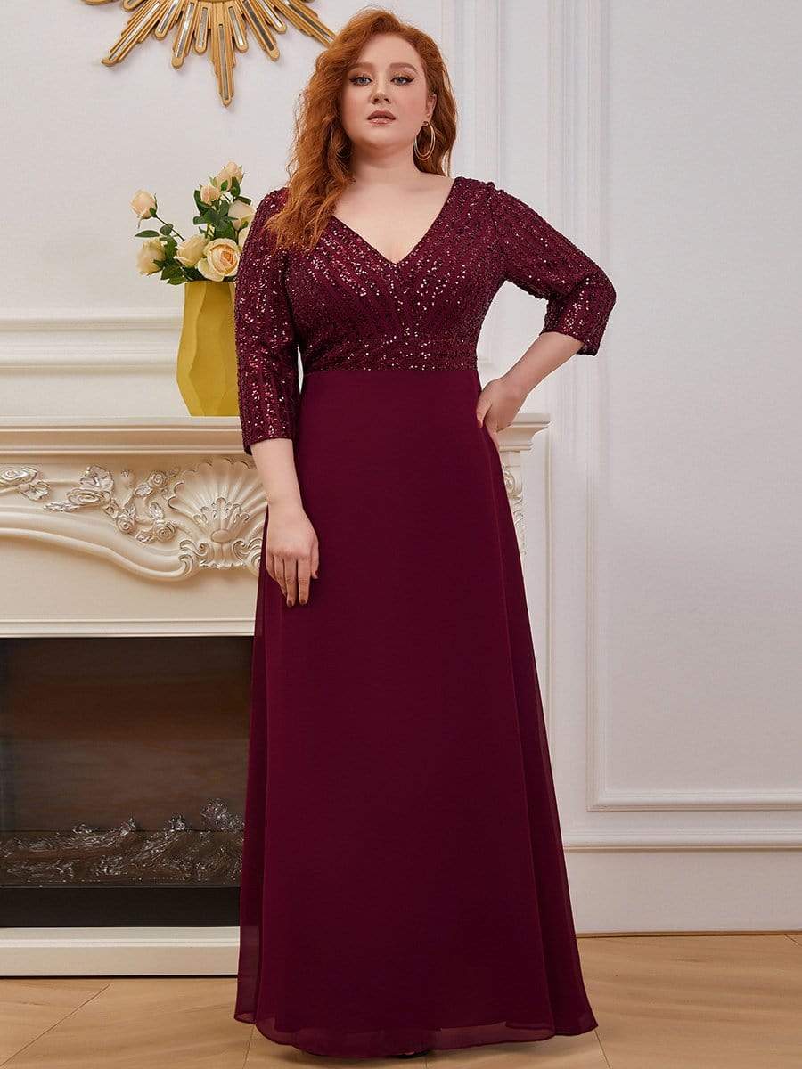 Plus Size V Neck Sequined Dress #color_Burgundy