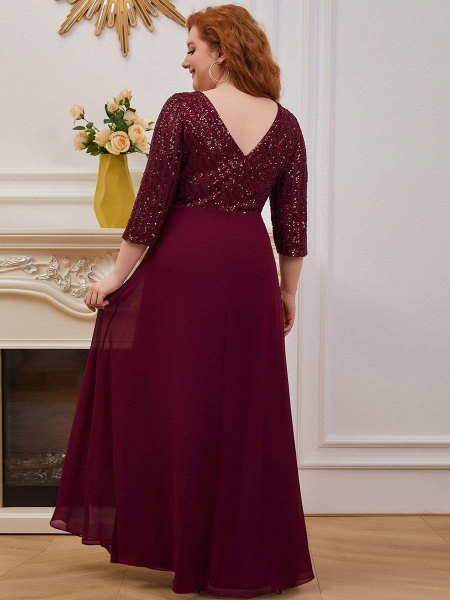 Plus Size V Neck Sequined Dress #color_Burgundy