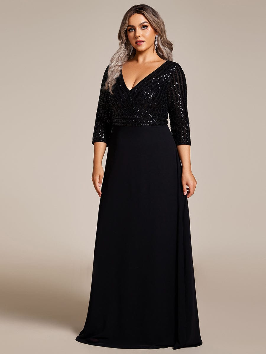 Plus Size V Neck Sequined Dress #color_Black