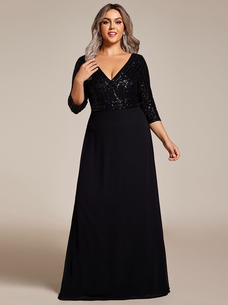 Plus Size V Neck Sequined Dress #color_Black