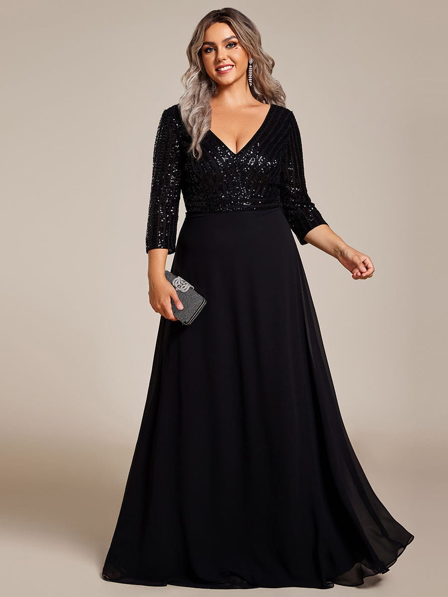 Plus Size V Neck Sequined Dress #color_Black