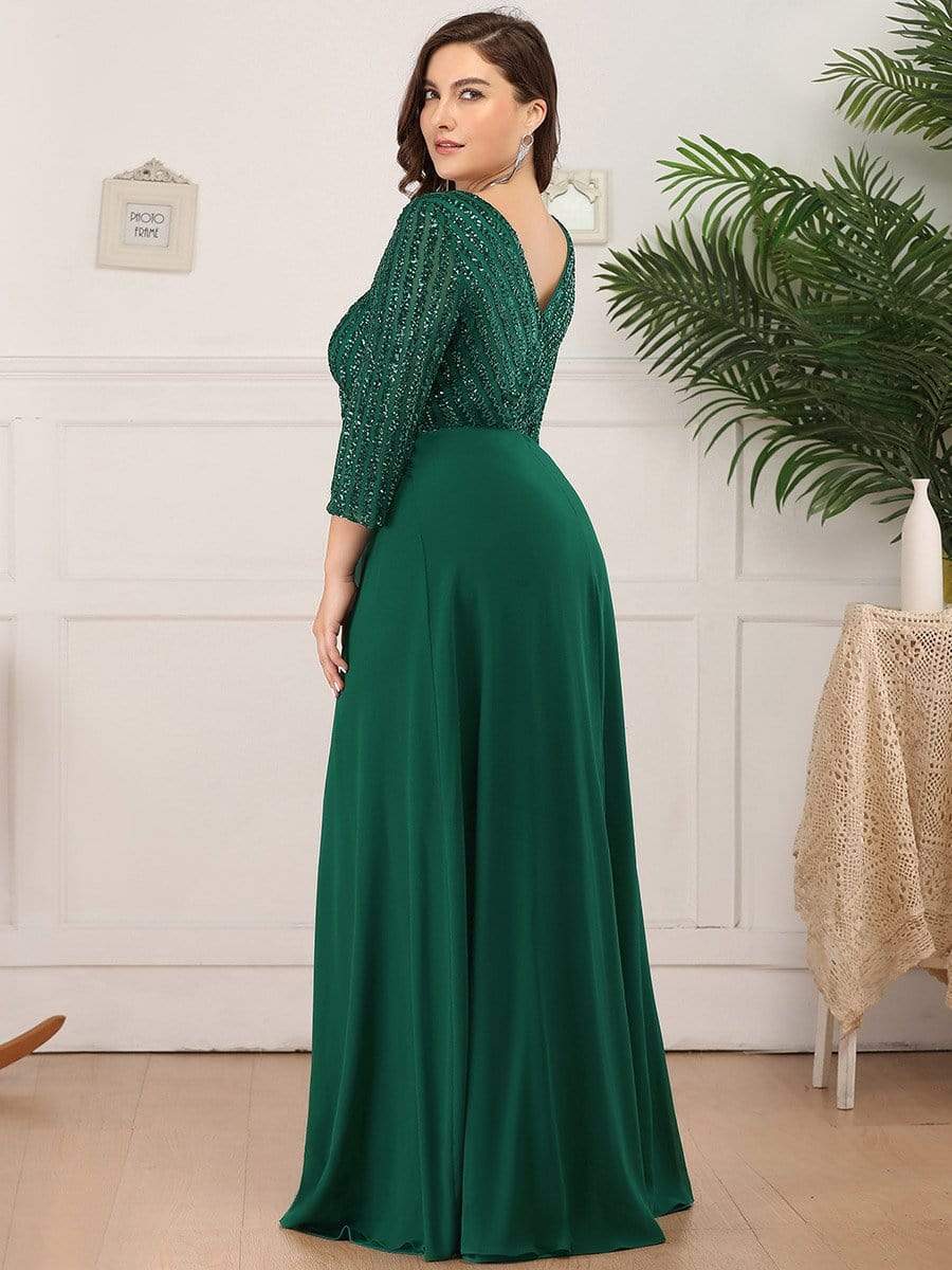 Plus Size V Neck Sequined Dress #color_Dark Green