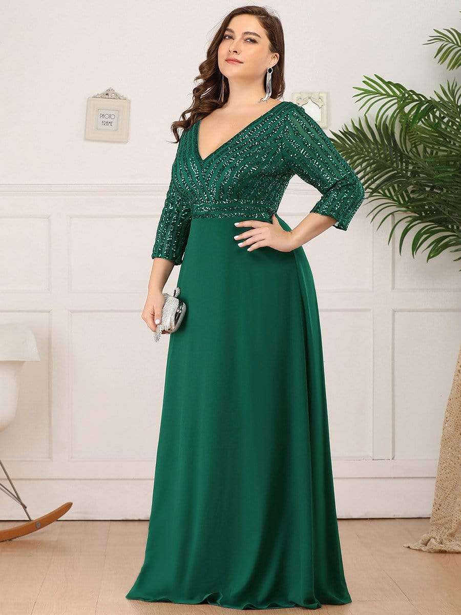 Plus Size V Neck Sequined Dress #color_Dark Green