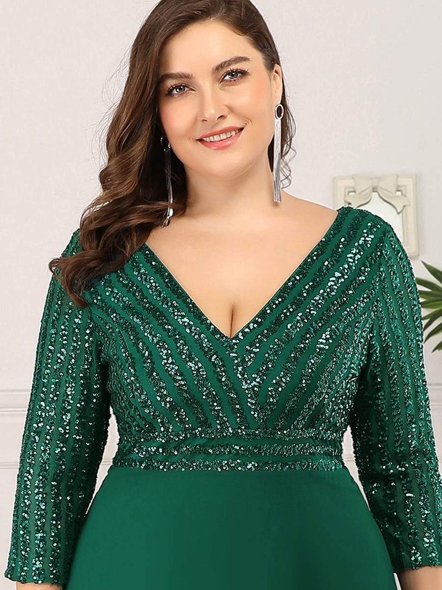 Plus Size V Neck Sequined Dress #color_Dark Green