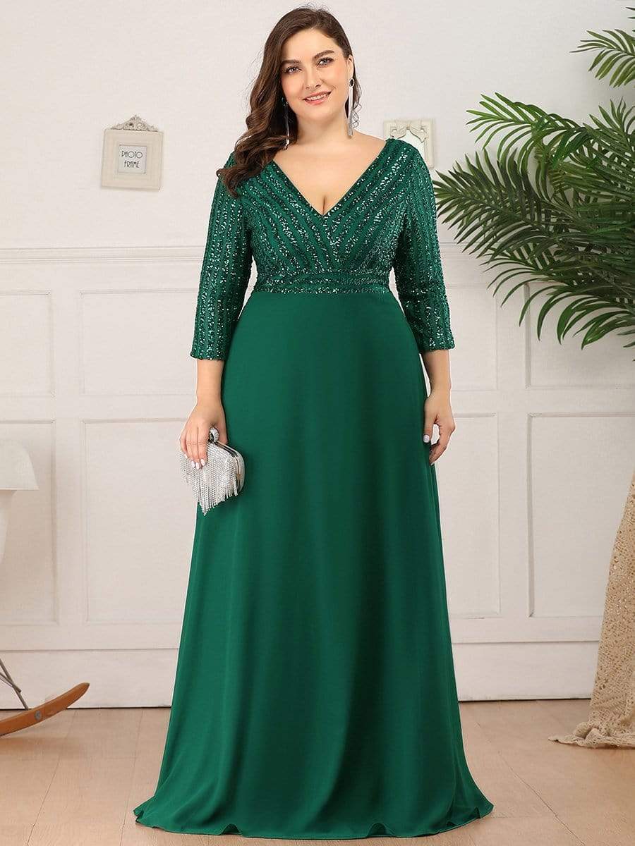 Plus Size V Neck Sequined Dress #color_Dark Green