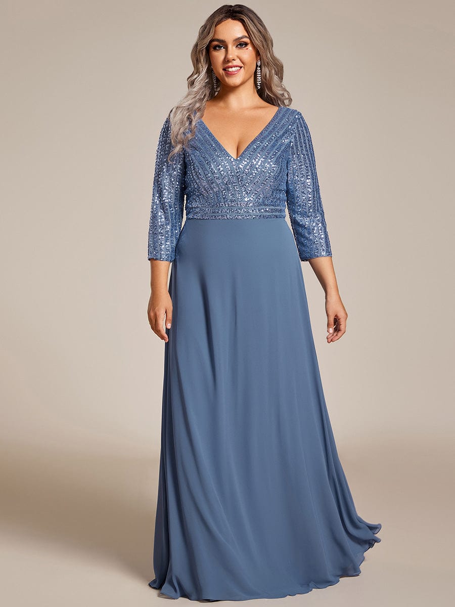 Plus Size V Neck Sequined Dress #color_Dusty Blue