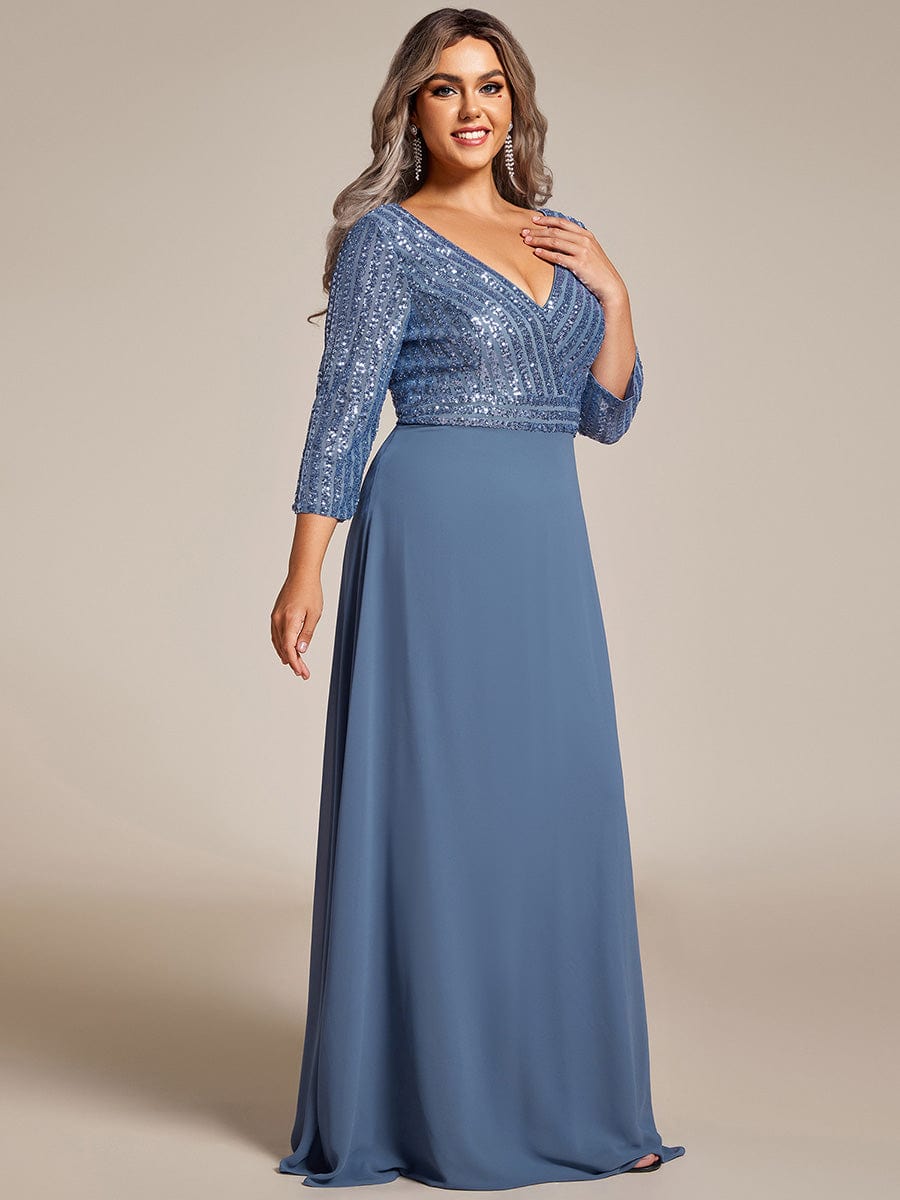 Plus Size V Neck Sequined Dress #color_Dusty Blue