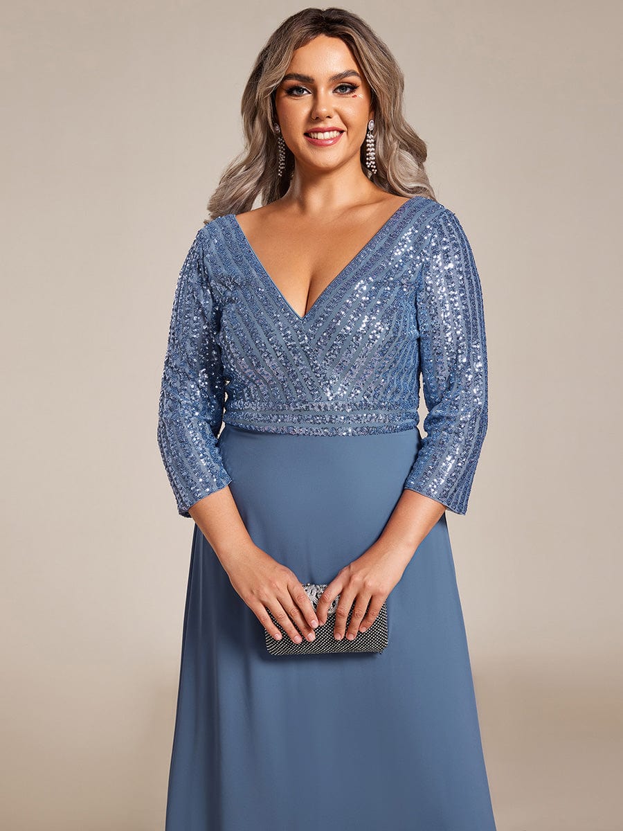 Plus Size V Neck Sequined Dress #color_Dusty Blue