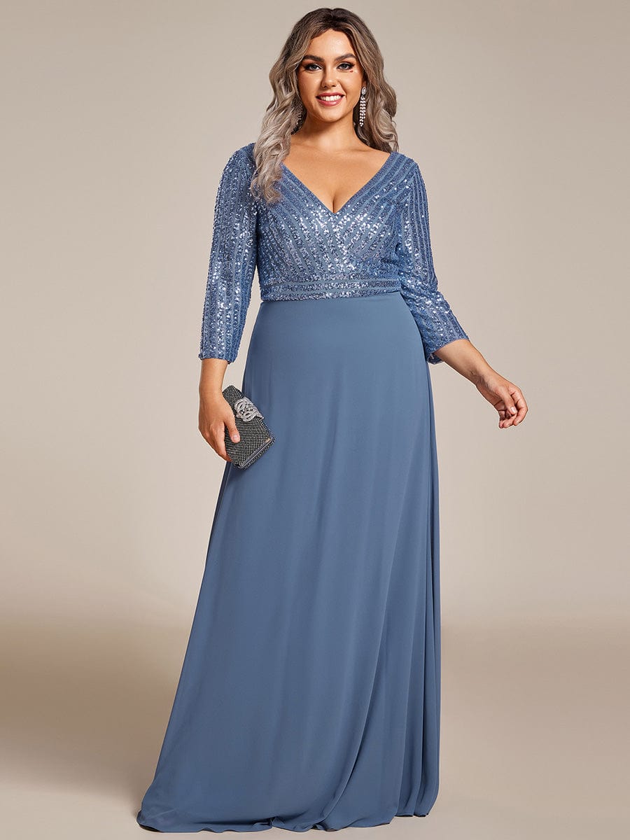 Plus Size V Neck Sequined Dress #color_Dusty Blue