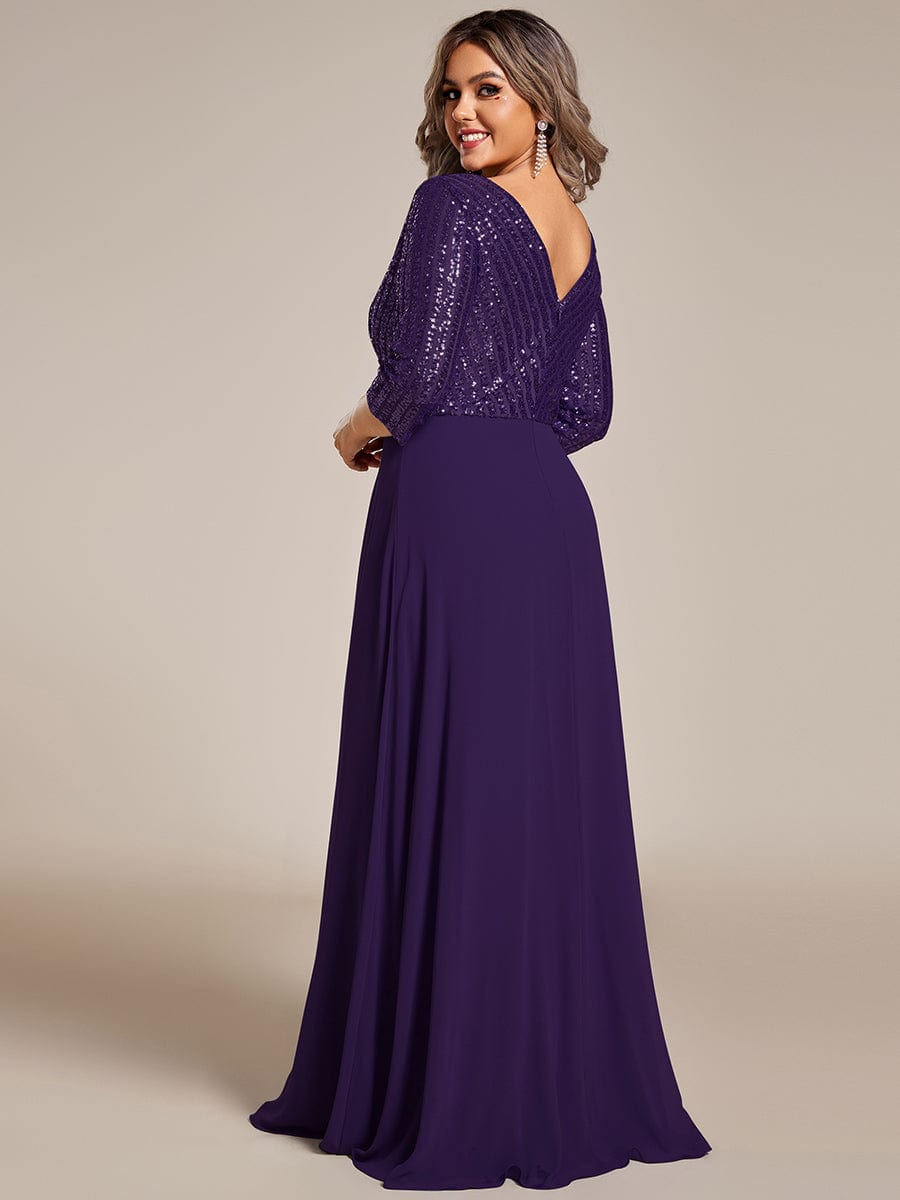 Plus Size V Neck Sequined Dress #color_Dark Purple