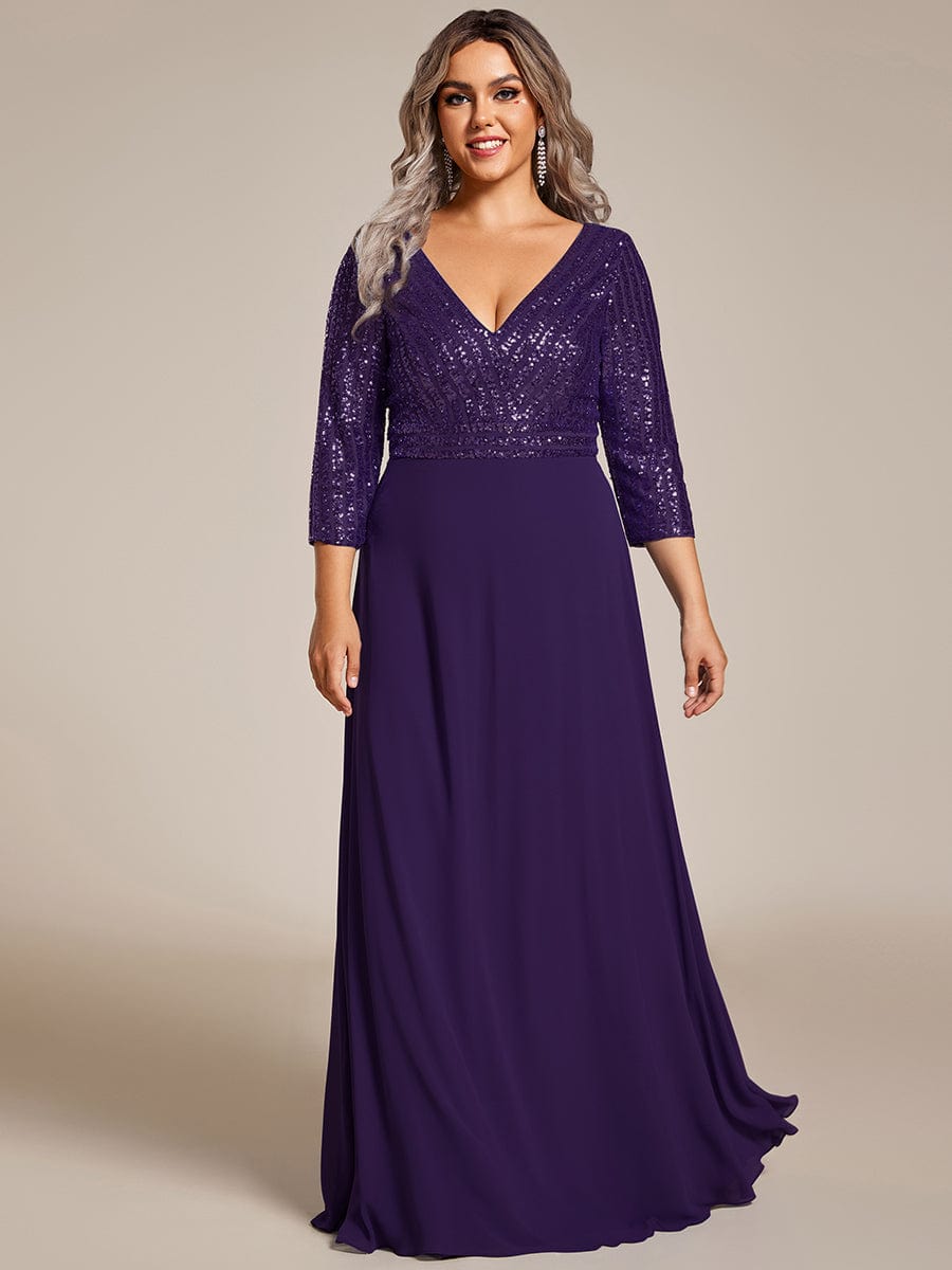 Plus Size V Neck Sequined Dress #color_Dark Purple