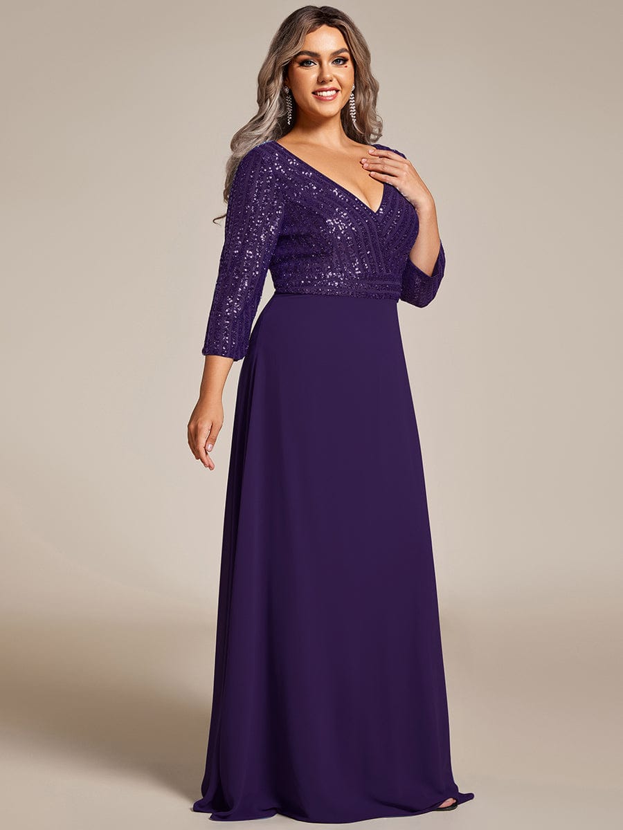 Plus Size V Neck Sequined Dress #color_Dark Purple