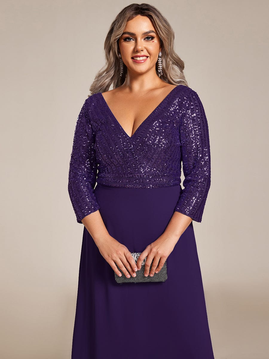 Plus Size V Neck Sequined Dress #color_Dark Purple